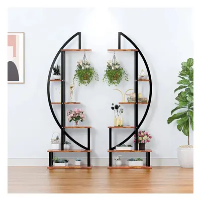 2 Pcs Rustic Brown Crescent Wood Tiered Plant Stand