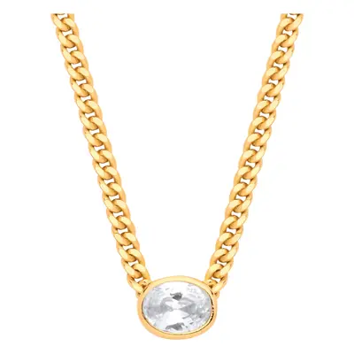 Jewelco London Ladies Gold-Plated Silver Oval CZ Solitaire Collarette Curb Chain Lavalier Neckla