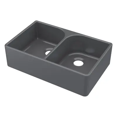 795mm - Fireclay Kitchen Double Bowl Butler Sink with Full Weir - Soft Black