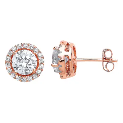 Jewelco London Ladies Rose Gold-Plated Sterling Silver Cubic Zirconia Halo Solitaire Stud Earrin