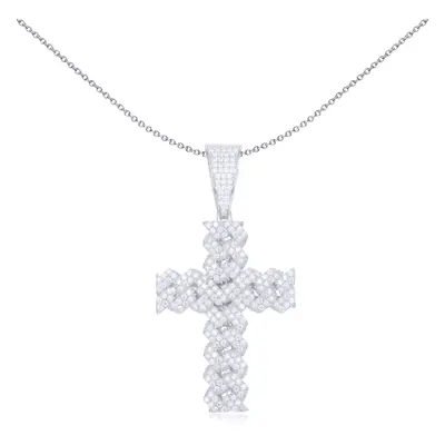 Jewelco London Unisex Rhodium Silver Round CZ Encrusted Zig Zac Curb Link Cross Pendant - APX049