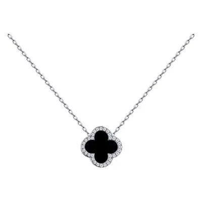 Jewelco London Silver Black Clover Onyx & CZ Halo Lucky Charm Pendant Necklace 16-18" - ANC102