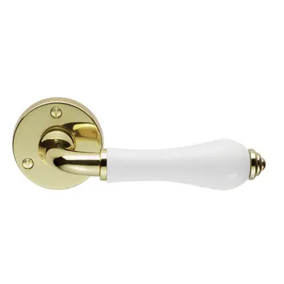 PAIR Porcelain Handle with Ringed Detailing 58mm Round Rose Polished Brass