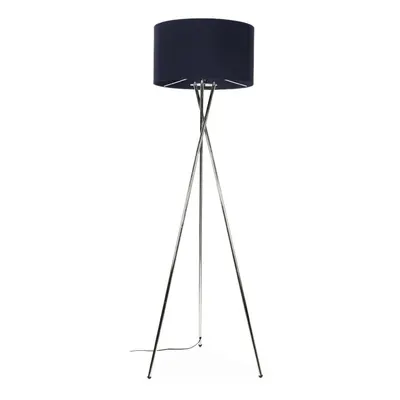 Modern Polished Chrome Metal Tripod Floor Lamp with a Navy Blue Cylinder Shade - Complete with a