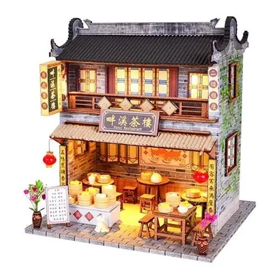 DIY Wooden With Furniture LED Light Kits Miniature Chinese Teahouse Building Model Puzzle Toy Fe