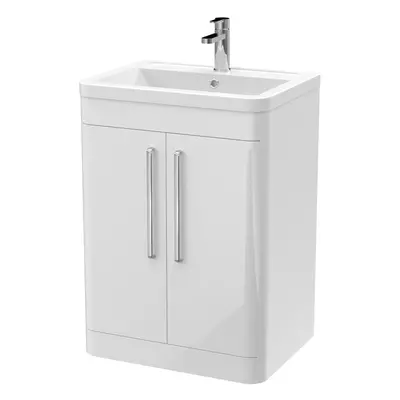 600mm - Floor Standing Door Vanity Unit with Ceramic Basin - Gloss White