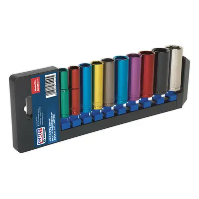 10 PACK Multi Colour DEEP Socket Set 3/8" Metric Square Drive - Pt WallDrive