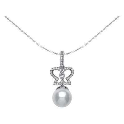 Jewelco London Ladies Sterling Silver Cubic Zirconia & Simulated Pearl Butterfly Charm Necklace 