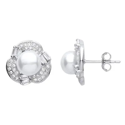 Jewelco London Ladies Sterling Silver Cubic Zirconia & Freshwater Cultured Pearl Full Moon Flora