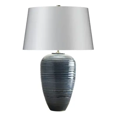 Table Lamp Polished Nickel Accents Silver Faux Silk Shade Blue Glaze LED E27 60W