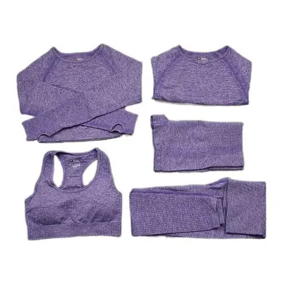 (Purple, 5Pcs Set) Women Seamless Yoga Set Gym SportWear Running Outwork Fitness Long SLeeve Hig