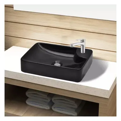 vidaXL Ceramic Bathroom Sink Basin with Faucet Hole Black Counter Top Fixture