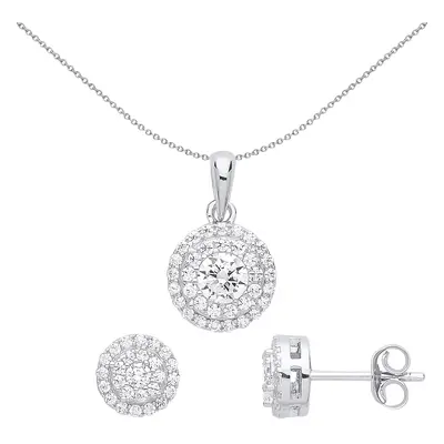 Jewelco London Ladies Sterling Silver Cubic Zirconia Tier Halo Solitaire Earrings Necklace Set -