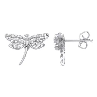 Jewelco London Ladies Rhodium Plated Sterling Silver CZ Majestic Dragonfly Drop Earrings - EAG12