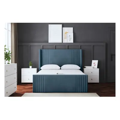 (Double , Blue) Elara Winged Paneled Upholstered Bed with Ottoman