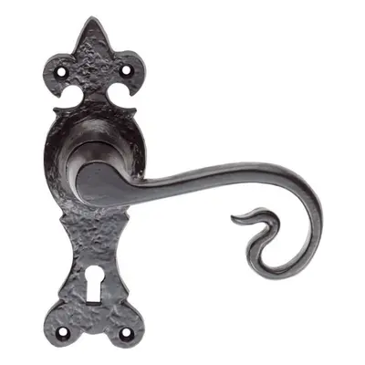 PAIR Forged Curled Lever Handle on Lock Backplate x 51mm Black Antique