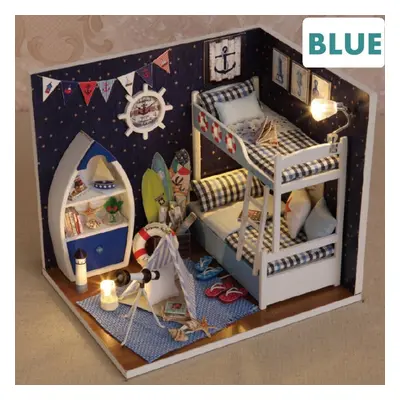 (Blue) Creative Room DIY Handmade Assembly Doll House Miniature Furniture Kit with LED Light Dus