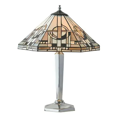 Tiffany Glass Table Lamp Light Polished Aluminium & Art Deco Hex Shade i00218