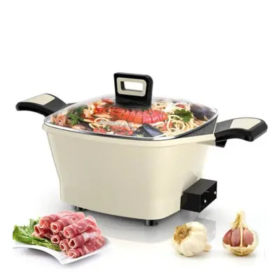 (Beige) Multifunctional Electric Hot Pot 800W Non-Stick Pot Heating Pan Soup Pot