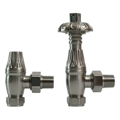 (Satin Nickel) Traditional Thermostatic TRV Antique Design Angled Radiator Rad Valves Pair