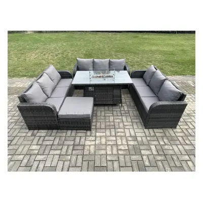 Fimous Rattan Furniture Garden Dining Set Gas Fire Pit Table With Seater Sofa Footstool Dark Gre