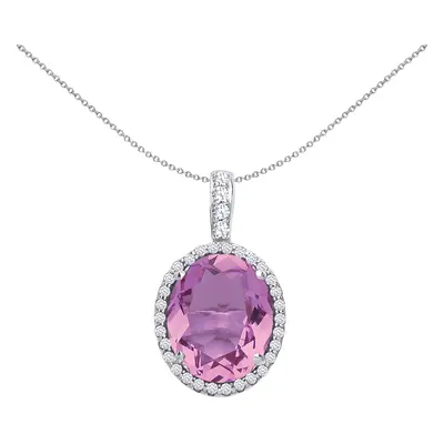 Jewelco London Ladies Rhodium Plated Sterling Silver Lilac Oval CZ Solitaire Halo Pendant Neckla