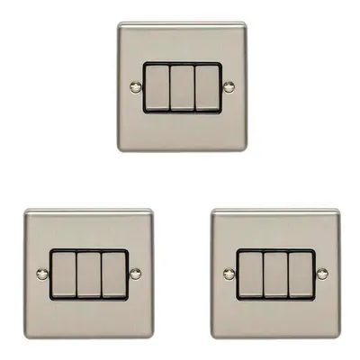 3 PACK Gang Triple Metal Light Switch SATIN STEEL Way 10A Black Trim