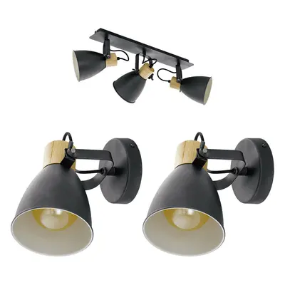 Ceiling Spot Light & 2x Matching Wall Lights Black & Wood Adjustable Shade