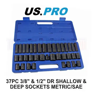 US PRO Tools 37PC 3/8" & 1/2" DR Shallow & Deep Impact Socket Set Metric/SAE