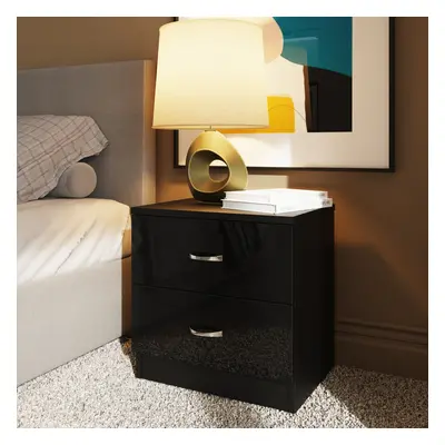 (Black) Drawer Bedside Table Nightstand High Gloss