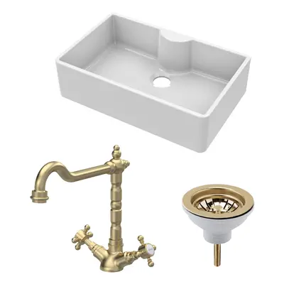 Fireclay Kitchen Bundle - Single Bowl Butler Sink with Tap Ledge, Waste & Classic Tap, 795mm - B