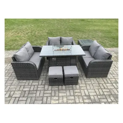 Fimous Rattan Outdoor Garden Furniture Sofa Set Gas Fire Pit Dining Table Gas Heater with Side T