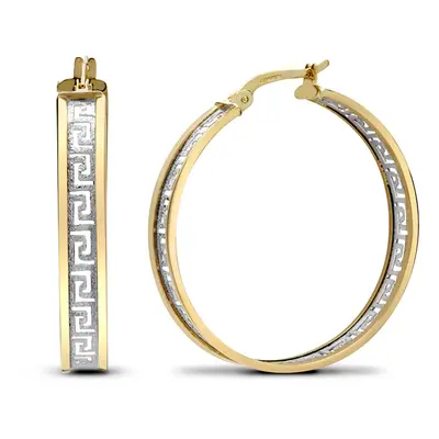 Jewelco London Ladies 9ct Yellow and White Gold Frosted Meander Greek Key Hoop Earrings 30mm - J