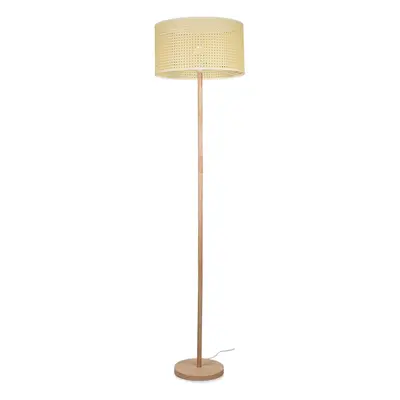 Heather Light Wood Wooden Stem Floor Lamp + Reni Wicker Pendant Drum Shade