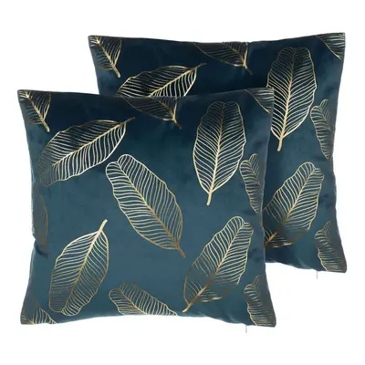 Set of Velvet Cushions Leaf Pattern x cm Teal Blue FREESIA