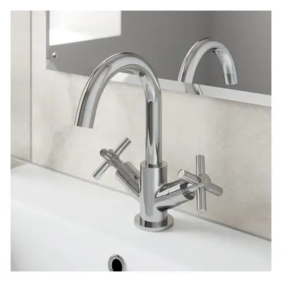 Bathroom Mono Basin Sink Mixer Tap Modern Cross Head Handle Chrome Curved Spout