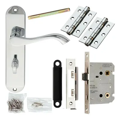 Door Handle & Bathroom Lock Pack Chrome Curved Lever Thumb Turn Backplate