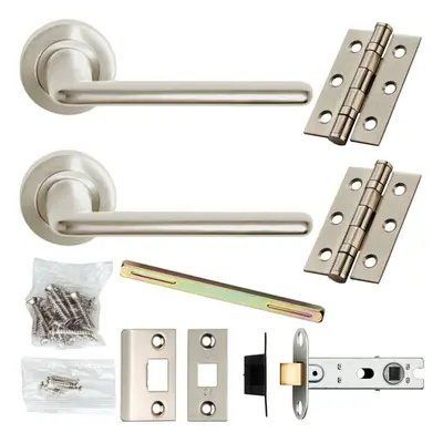 Door Handle & Latch Pack Satin Chrome Slim Straight Lever Screwless Round Rose