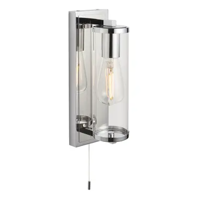 Chrome Bathroom Wall Light & Cylinder Glass Shade - IP44 Rated - Modern Sconce