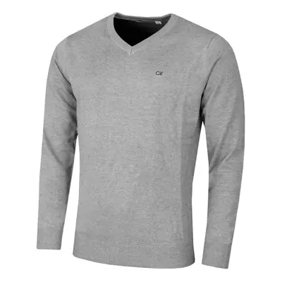 (S, Grey Marl) Calvin Klein Mens V-Neck Soft Cotton Easy Care Sweater