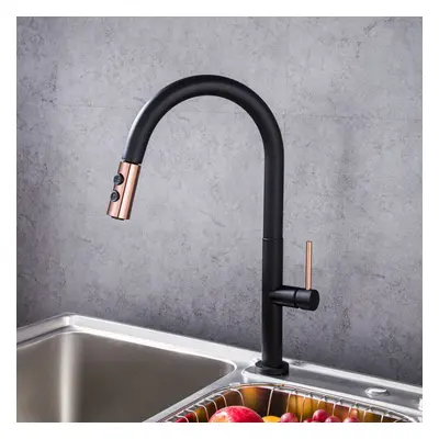 (Black) Black Gold Plating Brass Kitchen Sink Faucet Pull Out Down Hot Cold Water Single Handle 