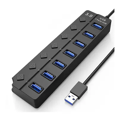 7-Port USB Hub 3.0 Docking Station Adapter High Speed Multi Splitter Power Adapter Switch LED In