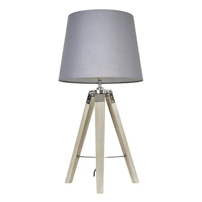 Modern Distressed Wood and Silver Chrome Tripod Table Lamp with a Grey Tapered Light Shade