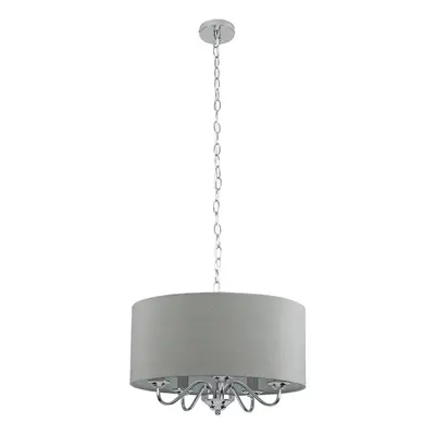 Modern Chrome Way Curved Arm Grey Linen Slimline Drum Ceiling Light Pendant - Complete with 4w L