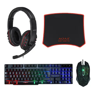 4Pcs Gaming Combo Kit Keys RGB Backlit Keyboard Adjustable 3200DPI Mouse Stereo 40MM Noise Reduc