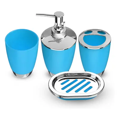 (Blue) 4Pcs Plastic Bathroom Set Cup Toothbrush Holder Soap Dish Dispenser Bottle Washroom Acces