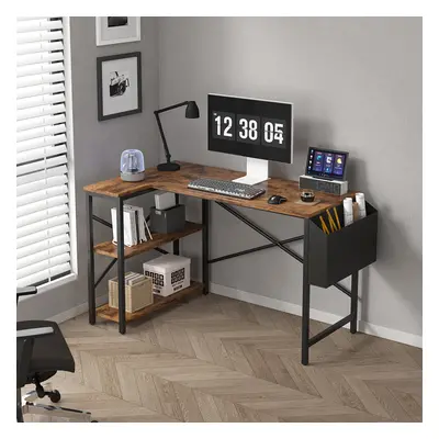 (100CM, Brown) Corner Desk Shaped Reversible With Bookshelf