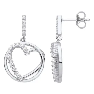 Jewelco London Ladies Rhodium Plated Sterling Silver CZ Trapped Love Heart Eternity Hoop Drop Ea