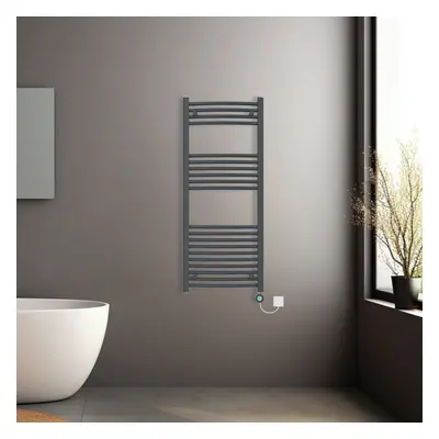 (Anthracite, 1200x500mm) Prefilled Electric Heated Towel Rail Radiator Curved Thermo Smart WiFi