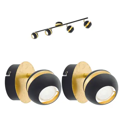 Quad Ceiling Light & 2x Matching Wall Lights Black & Gold Adjustable Trendy